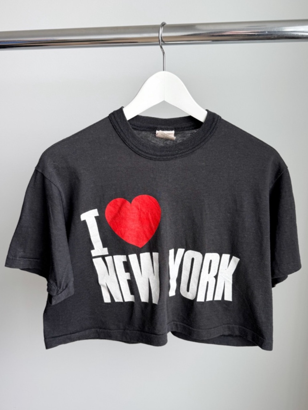 Vtg 80s I Love New York Crop Top Signal Tag Made in USA 50/50 Thin Blk Baby Tee